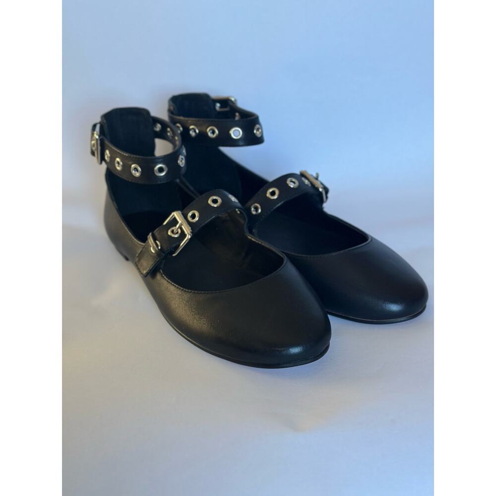 Rebecca Minkoff Black Leather Ankle-Strap Flats with Silver Eyelets - Picture 4 of 10